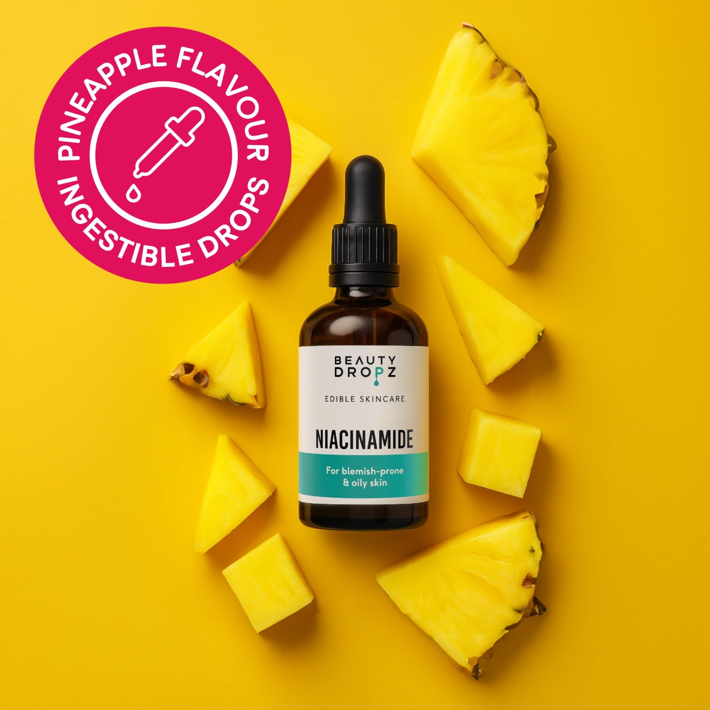 Beauty Dropz Niacinamide Oral Skin Care Drops – Vitamin B3 / Edible Serum for Blemish-Prone Skin – Dark Spot Corrector – Vegan Skincare – Pore Minimising – Pineapple Flavour – 60ml
