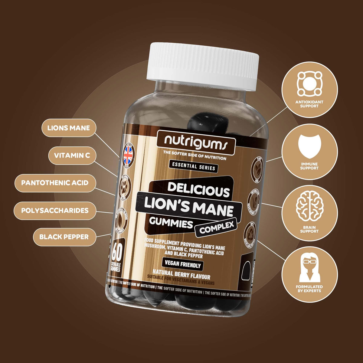 Nutrigums Lion's Mane Mushroom Gummies 2500mg High Strength | 60 Vegan Brain & Focus Supplements | with Vitamins & Black Pepper Extract | Mental Performance & Tiredness Support | Berry Flavour by NUTRIGUMS®