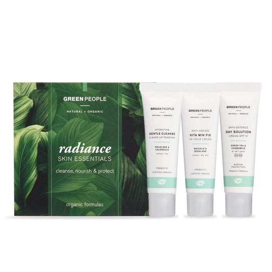 Green People Radiance Skin Essentials Set | Natural & Organic Skin Care Routine Gift Set | Natural Beauty Mini Gift Set for Normal Skin, Dry Skin | Paraben Free & Ethanol Free | Cruelty Free & Vegan