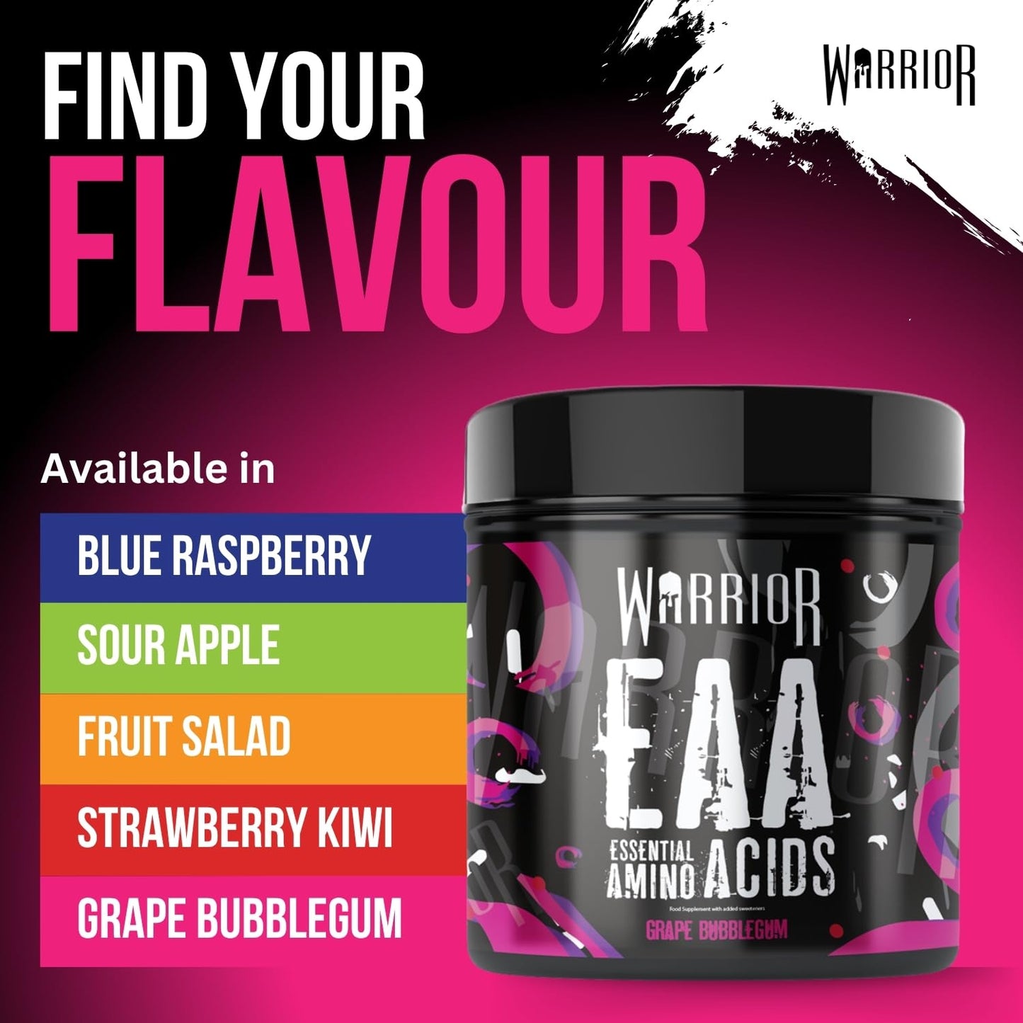 Warrior EAA 360g Essential Amino Acids Powder with BCAAs, Citrulline Malate, Taurine & Bioperine – Vegan, Zero Sugar, Muscle Recovery & Endurance Fuel - Grape Bubblegum
