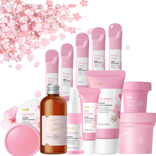 DMQ 12pcs Skincare Gifts Set For Teenage Girls,Cherry Blossom Skincare Sets,High Moisturize Sakura Skincare Gift for Women, including Cleanser,Hydrosol,Serum,Cream,Eye Cream,Mask,Lip Mask,Mud Mask