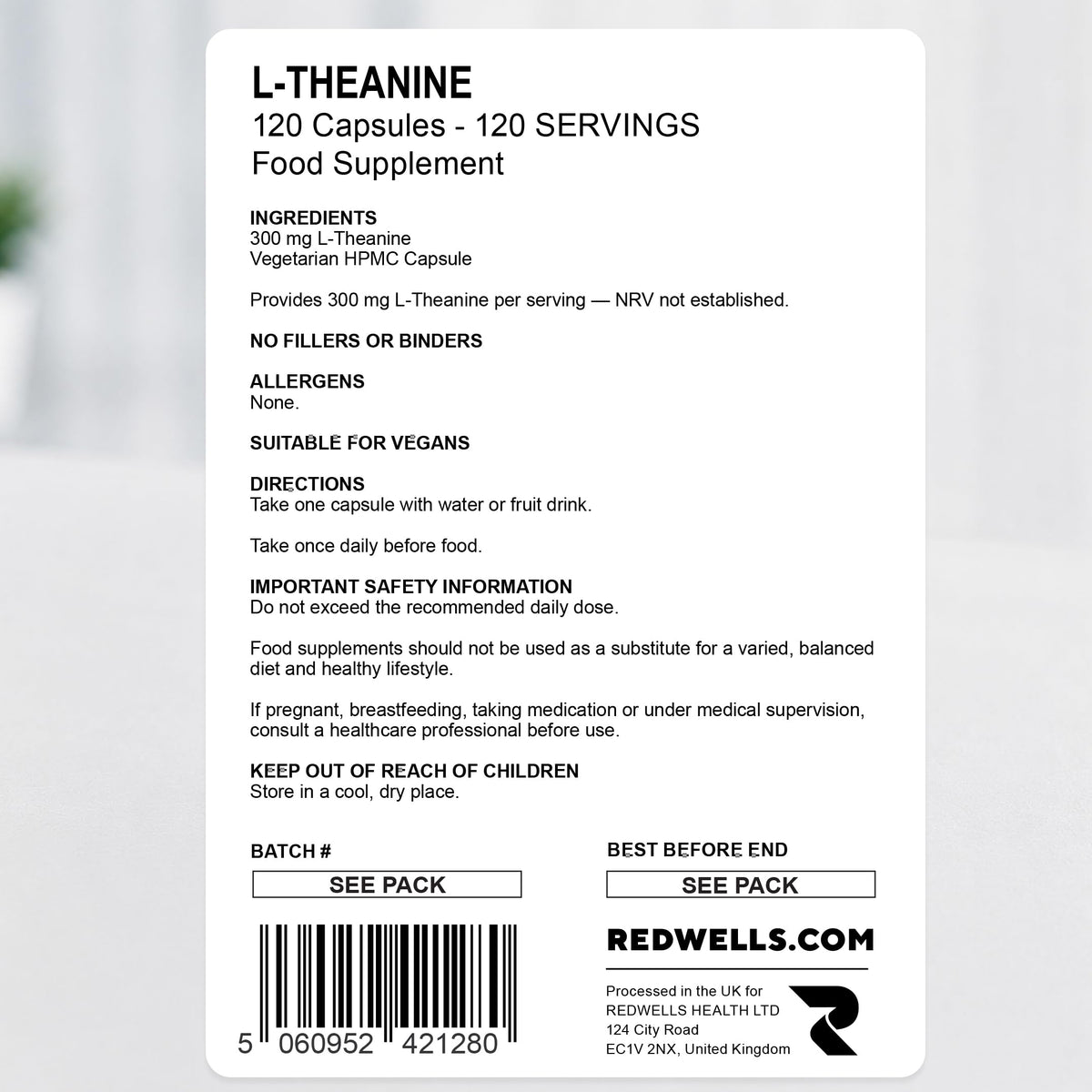 L-Theanine Capsules REDWELLS Anxiety Stress No Additives Strong 300mg - 120 Pack