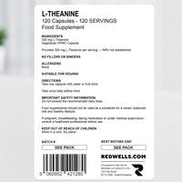 L-Theanine Capsules REDWELLS Anxiety Stress No Additives Strong 300mg - 120 Pack