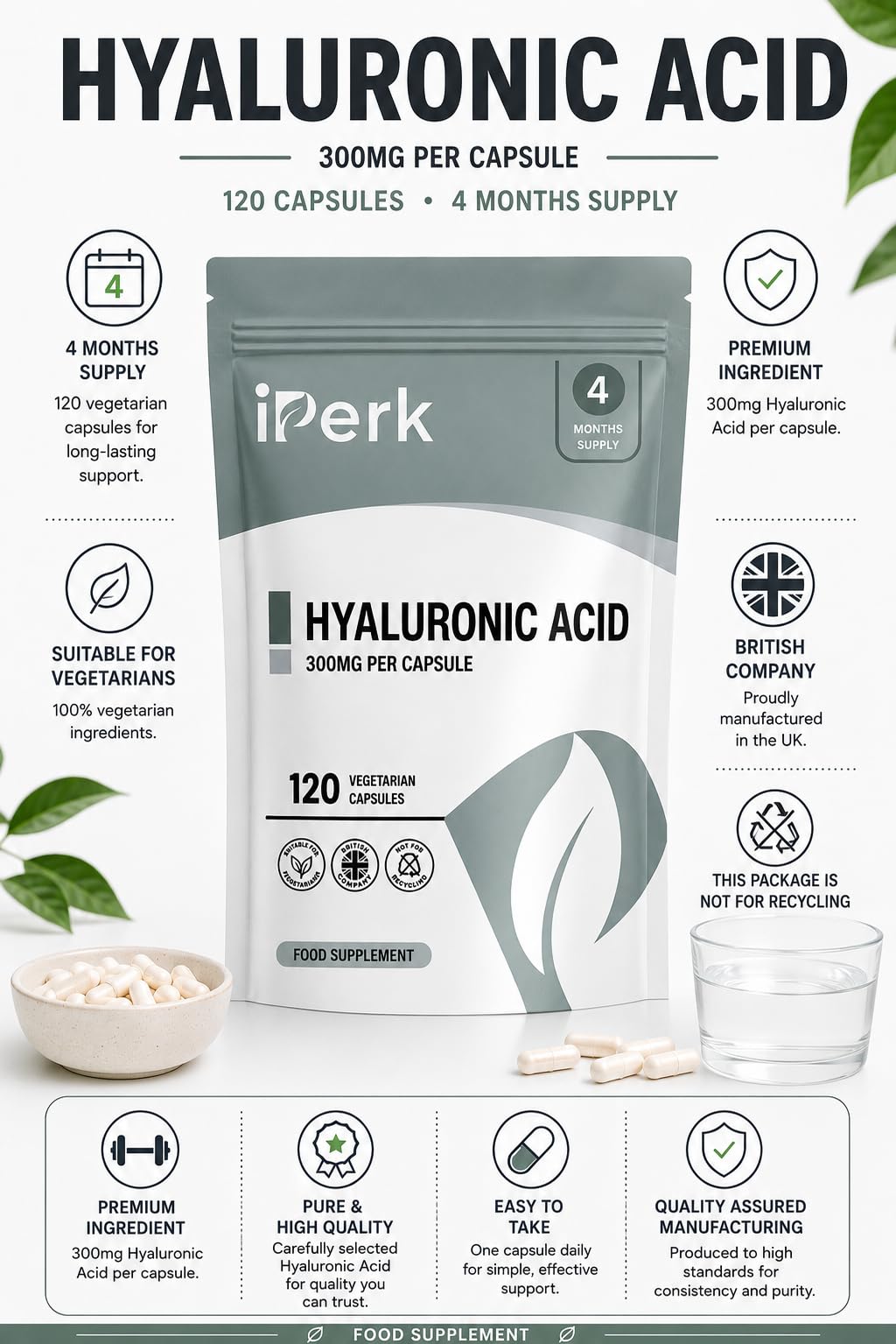 iperk Hyaluronic Acid 300mg | 120 Capsules 4 Months Supply | Hyaluronic Acid Supplement