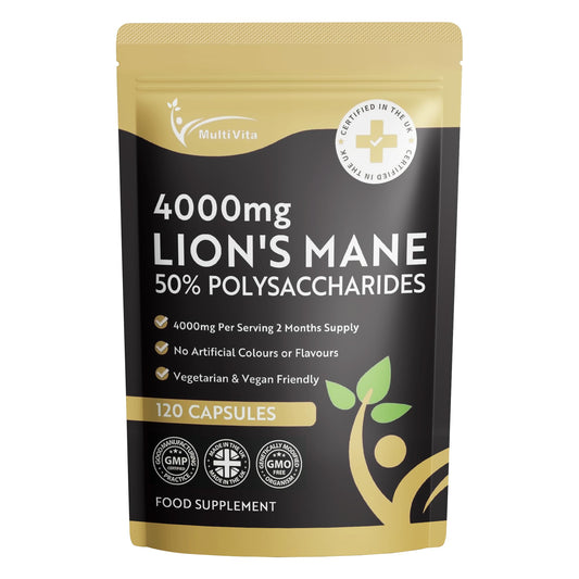 Multivita Lion's Mane Mushroom Extract 4000mg - 120 High Strength Vegan Capsules, 2 Months Supply - Brain and Focus Supplement for Better Cognitive Health - (Not Powder or Tablets) UK Made GMO Free