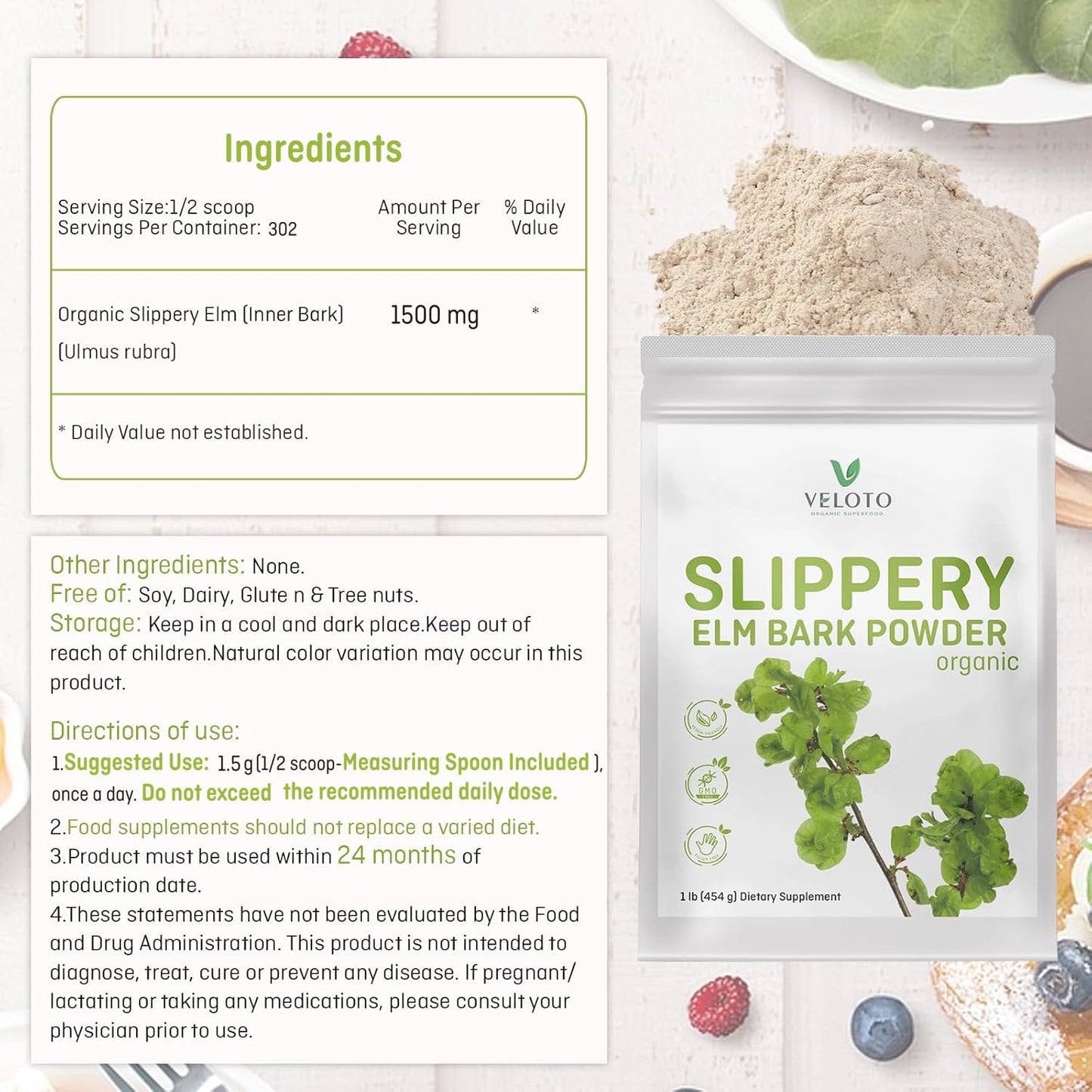 VELOTO Slippery Elm Bark & Slippery Elm Powder Organic 454g, 100% Pure Inner Bark, Natural Herbal Supplement, Soothes Throat, Cough & Digestive Health, Supports IBS, Acid Reflux, Vegan, Gluten Free, Non-GMO