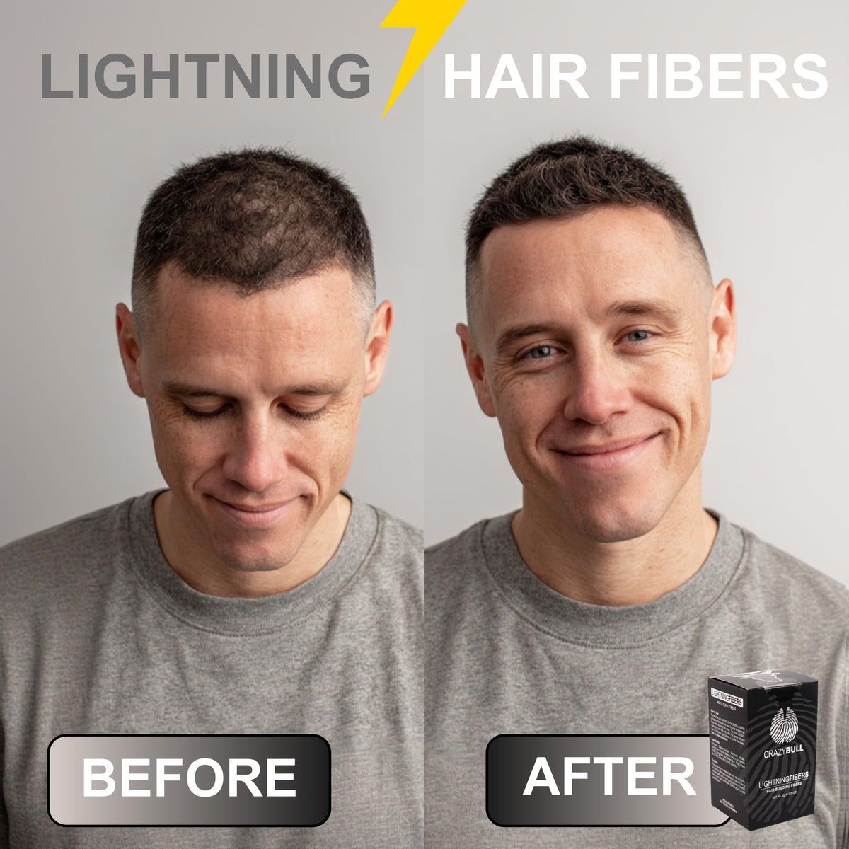 CrazyBull Hair Building Fibre - Long-Lasting, Easy Apply Hair Fibre Concealer for Thinning Hair & Bald Spots - Vegan & Cruelty-Free Hair Thickening Fibre for Men & Women - Crazy Bull, 22g, Grey