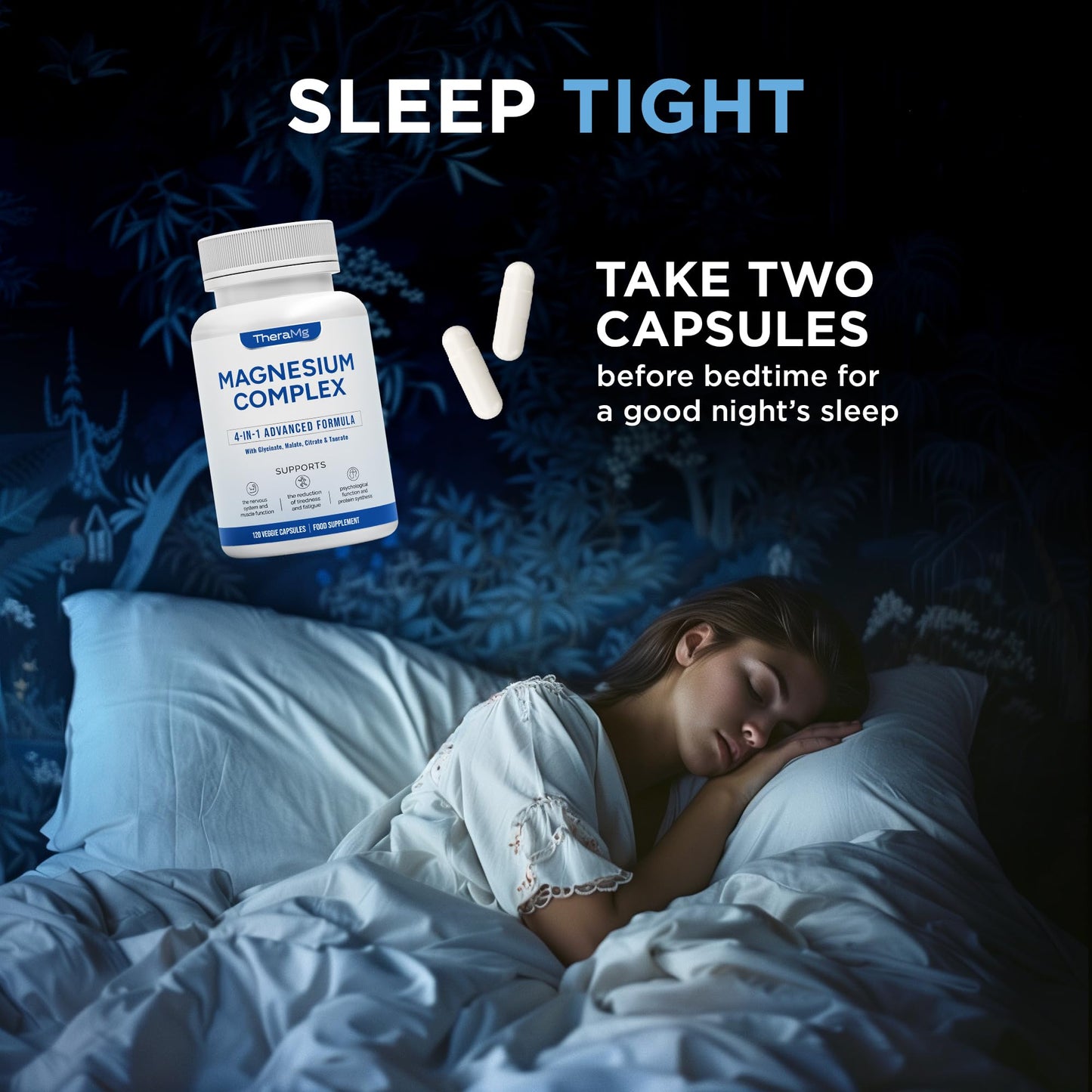 TheraMg Magnesium Glycinate 4-in-1 Complex - Citrate, Malate & Taurate for Sleep, Tiredness, Muscles & Nervous System - 300mg Elemental Magnesium - High Strength, Chelated, Vegan - 120 Capsules - Made in UK