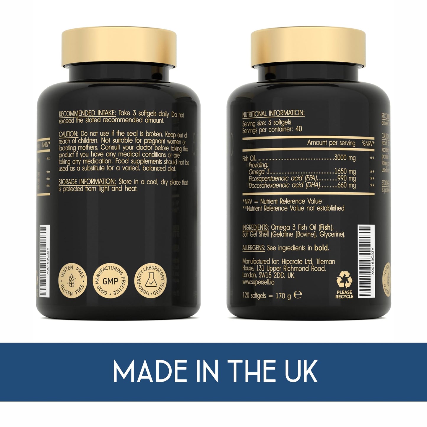 SuperSelf Fish Oil Omega 3 Capsules High Strength - 3000mg Triple Potency - Easy to Swallow with No Fishy Aftertaste - 120 Softgels - UK Made Omega 3 Supplements High in DHA & EPA - Pure & Sustainable Fish Oil