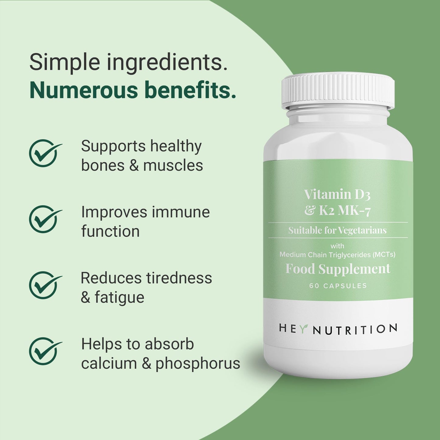 Hey Nutrition Vitamin D3 & K2 MK-7-100ug Each with MCT Oil - Suitable for Vegetarians - Support Healthy Bones, Teeth, Muscles, Immune Function, and Fatigue - Non-GMO, 60 Vegetarian Capsules