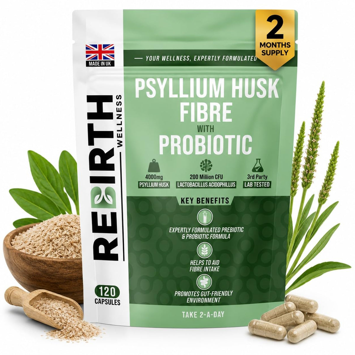REBIRTH WELLNESS BE YOURSELF | ONLY BETTER Psyllium Husk Fibre Supplement 4000mg with Bio Culture Acidophilus – 120 Capsules, High Fiber Supplement for Digestion & Gut Health,3rd Party Lab Tested, UK Made by Rebirth Wellness