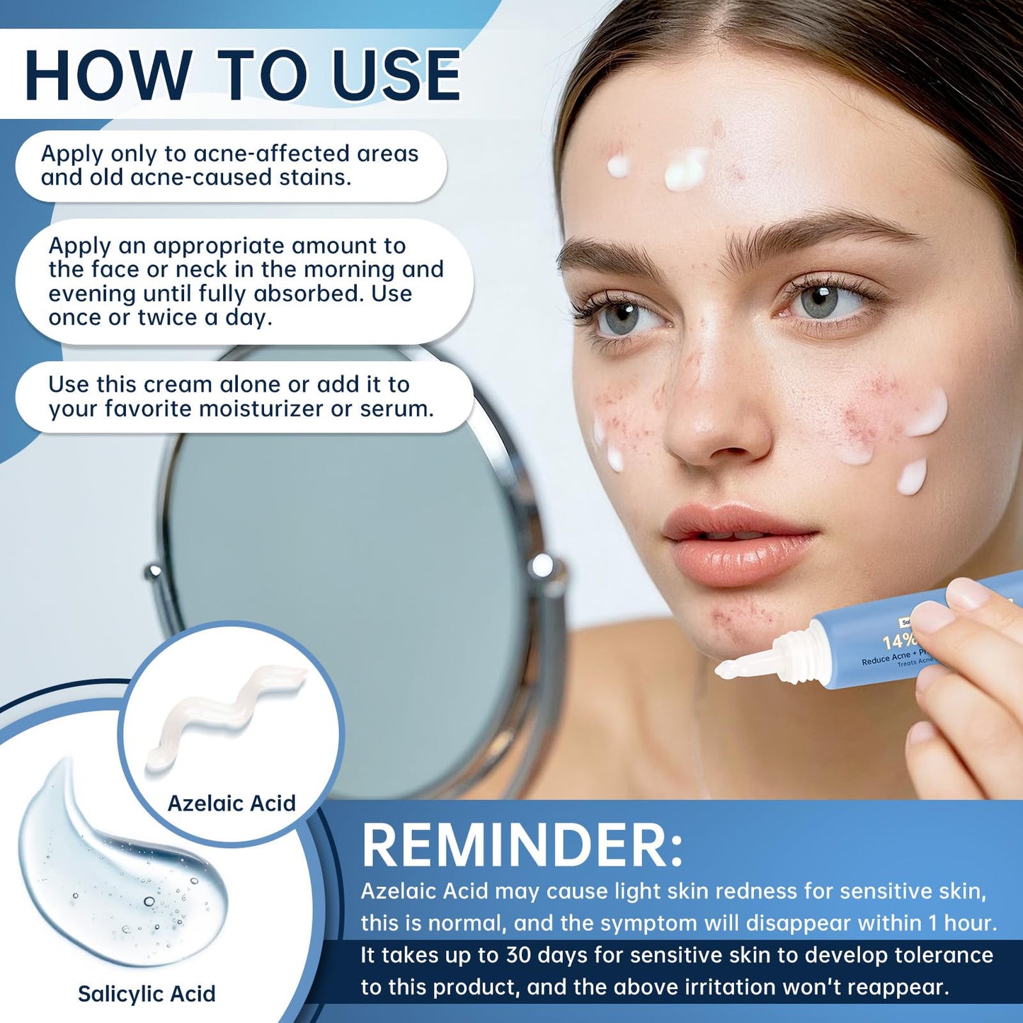 BECHOICEN Azelaic Acid face serum cream for Redness Relief,Dark Spots,Azelaic Acid Acne Cream with Niacinamide & Vitamin C,Acid 14% Facial Serum Balance Excess Sebum & Soothe Irritation,30ml