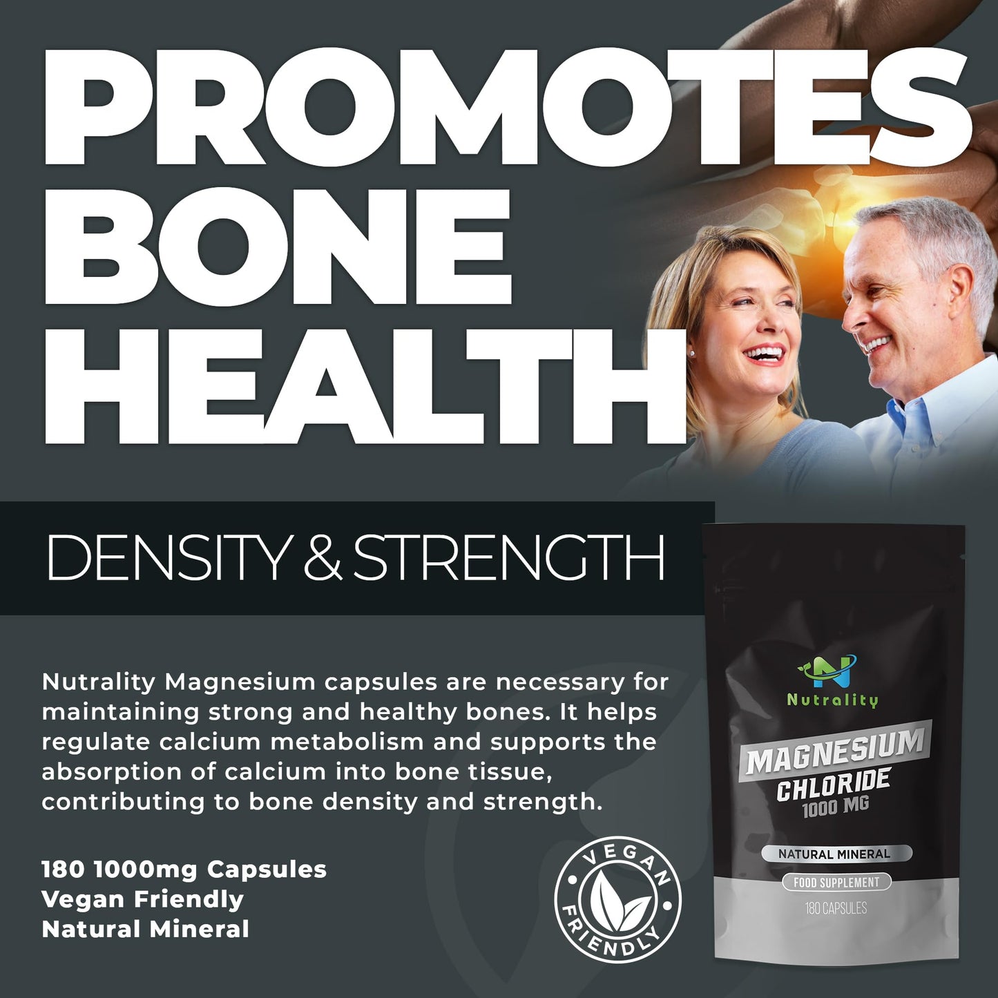 Nutrality Magnesium Chloride Supplement 1000mg | for Men & Women | for Sleep,Constipation, Digestion, Bone Health & Relaxation | Vegan | 180 Capsules