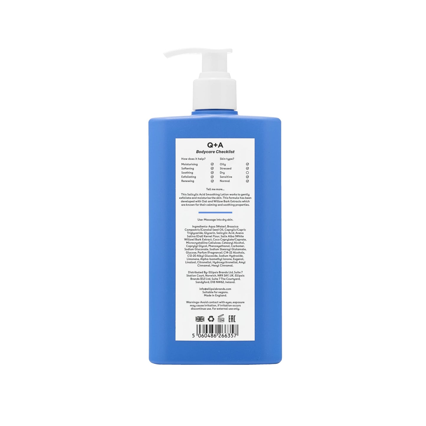 Q+A Salicylic Acid Smoothing Lotion for Effective Targeted Body Care, a BHA that exfoliates the skin, combats 'backne' and unwanted texture, promoting a smoother and healthier appearance, 250ml