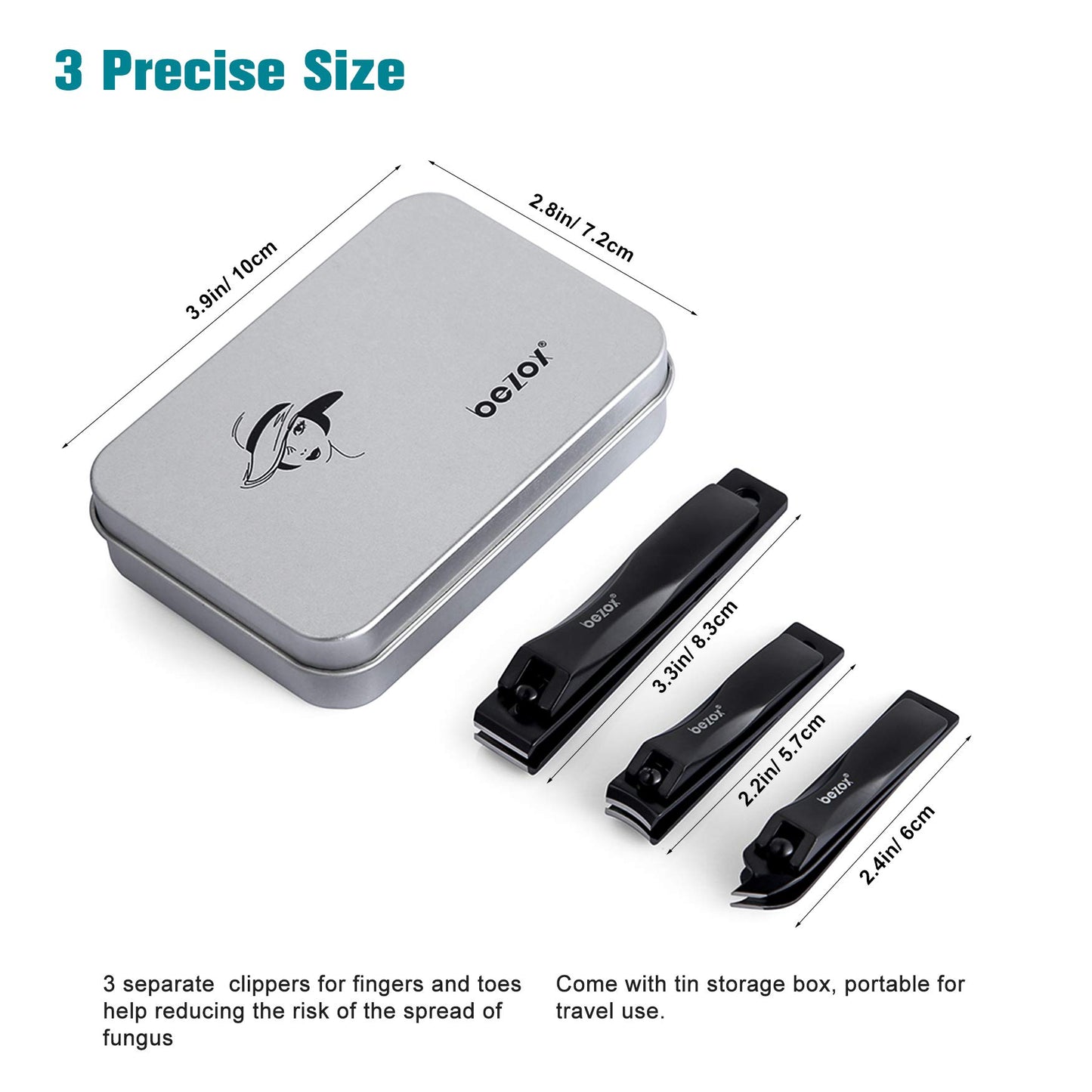 BEZOX Nail Clippers 3 Pcs - Heavy Duty Stainless Steel Straight Toenail Clippers for Thick Fingernail Toenail, Curved Blade Nail Cutters For shape Nail，Slant nail nipper for Trim Nail，Remove Cuticle