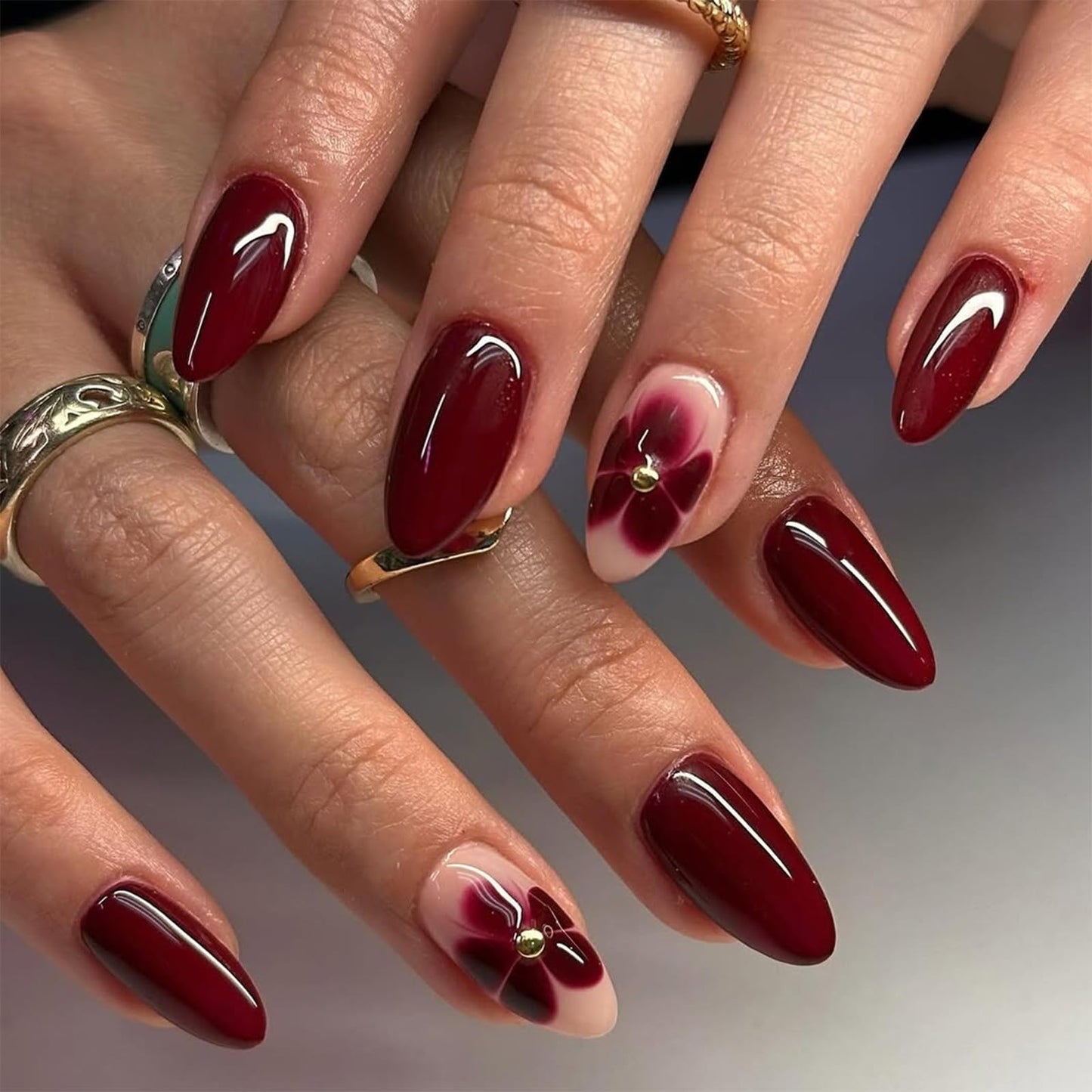Mikloven Pearl Red French Tip Press On Nails - Almond Short Floral Design - 24Pcs Reusable Nail Set - Premium ABS Material - Quick 5 Minute Application - Salon Quality At Home - Lightweight Manicure Kit