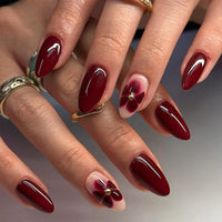 Mikloven Pearl Red French Tip Press On Nails - Almond Short Floral Design - 24Pcs Reusable Nail Set - Premium ABS Material - Quick 5 Minute Application - Salon Quality At Home - Lightweight Manicure Kit