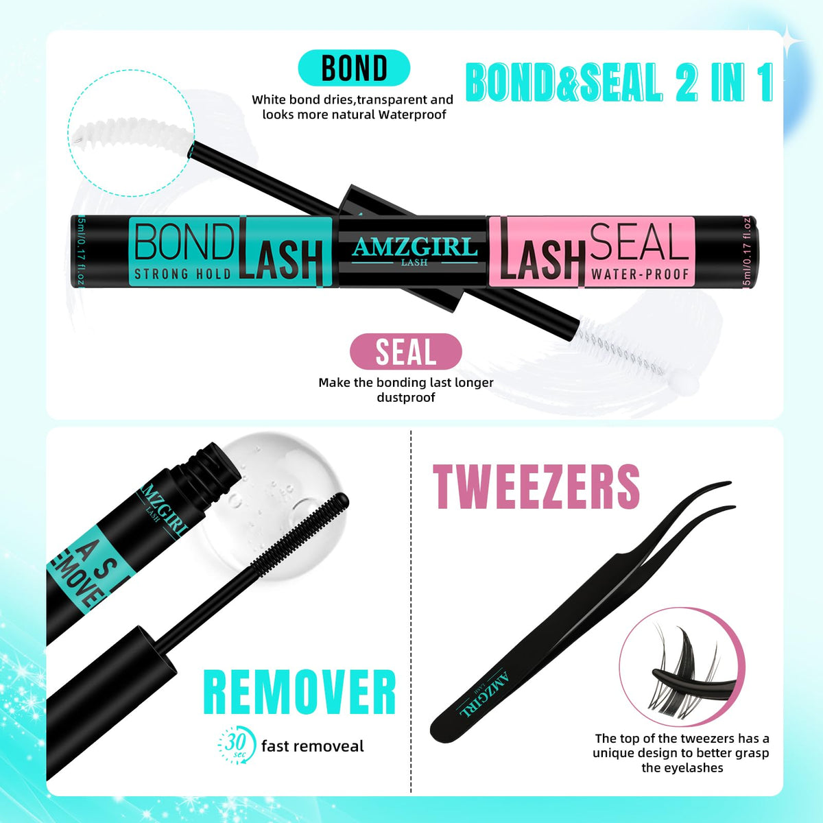 AMZGIRL LASH Manga Lash Clusters Kit 144PCS Fairy Eyelash Extension Kit with Bond and Seal, Fake Eyelashes Clusters with Invisible Lash Band, Glue Remover and Applicators (8-16mm,White Bond)