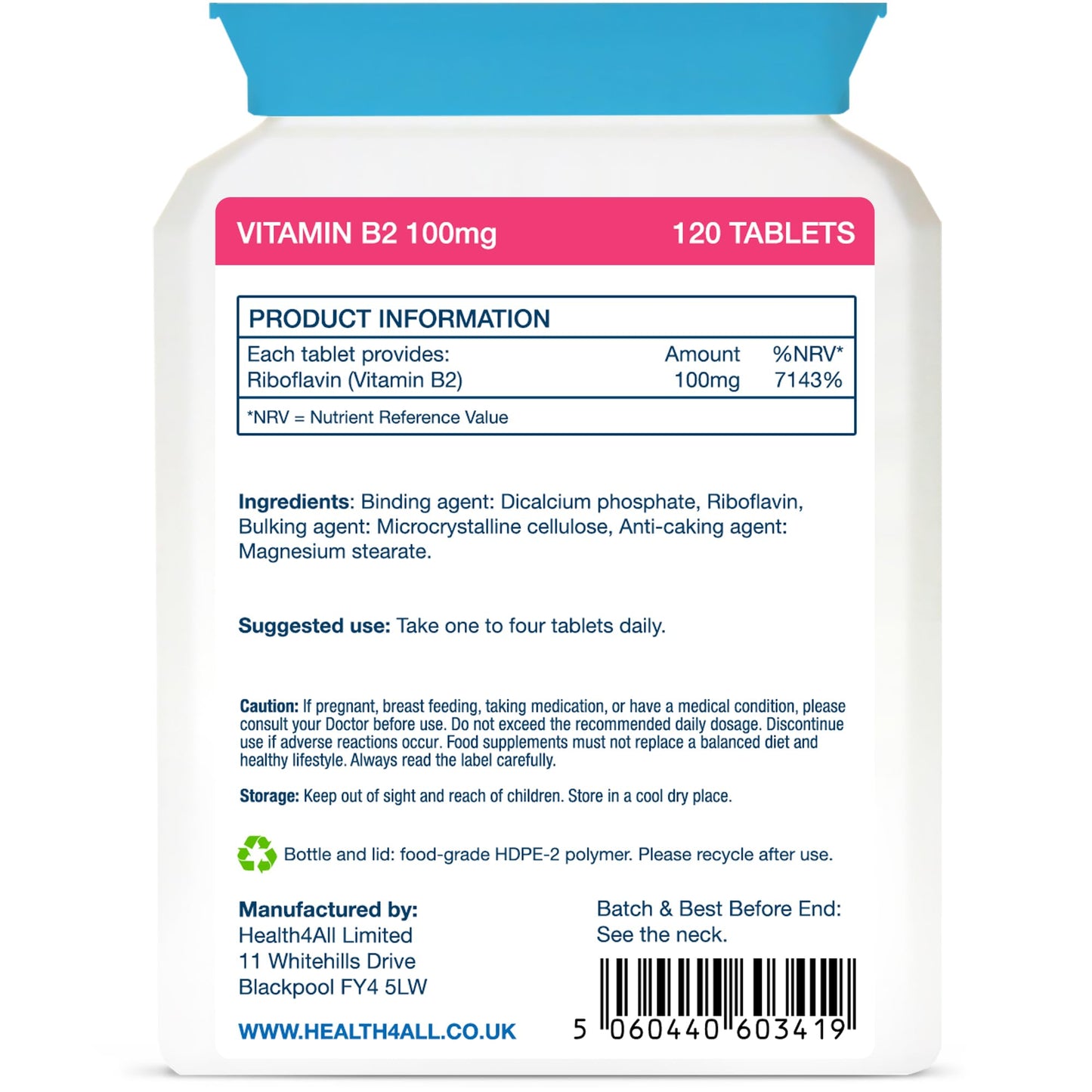 Vitamin B2 Riboflavin 100mg 120 Tablets - Energy, Stress and Migraine Support, Contributes to Reduction of Tiredness & Fatigue, Vegan, Gluten-Free Supplement | Made in UK by Health4All