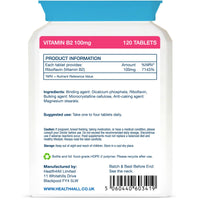 Vitamin B2 Riboflavin 100mg 120 Tablets - Energy, Stress and Migraine Support, Contributes to Reduction of Tiredness & Fatigue, Vegan, Gluten-Free Supplement | Made in UK by Health4All