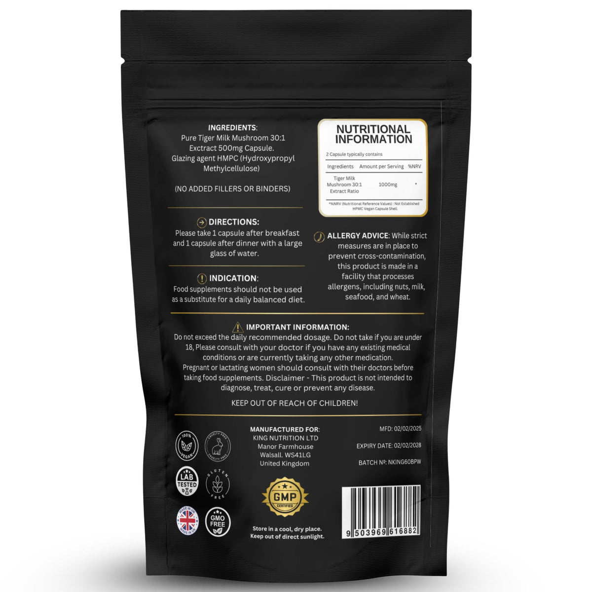 Tiger Milk Mushroom – Lung & Immune Support Supplement – Vegan Herbal Blend with Functional Mushrooms – 60 Vegan Capsules – by Nutrition Kings