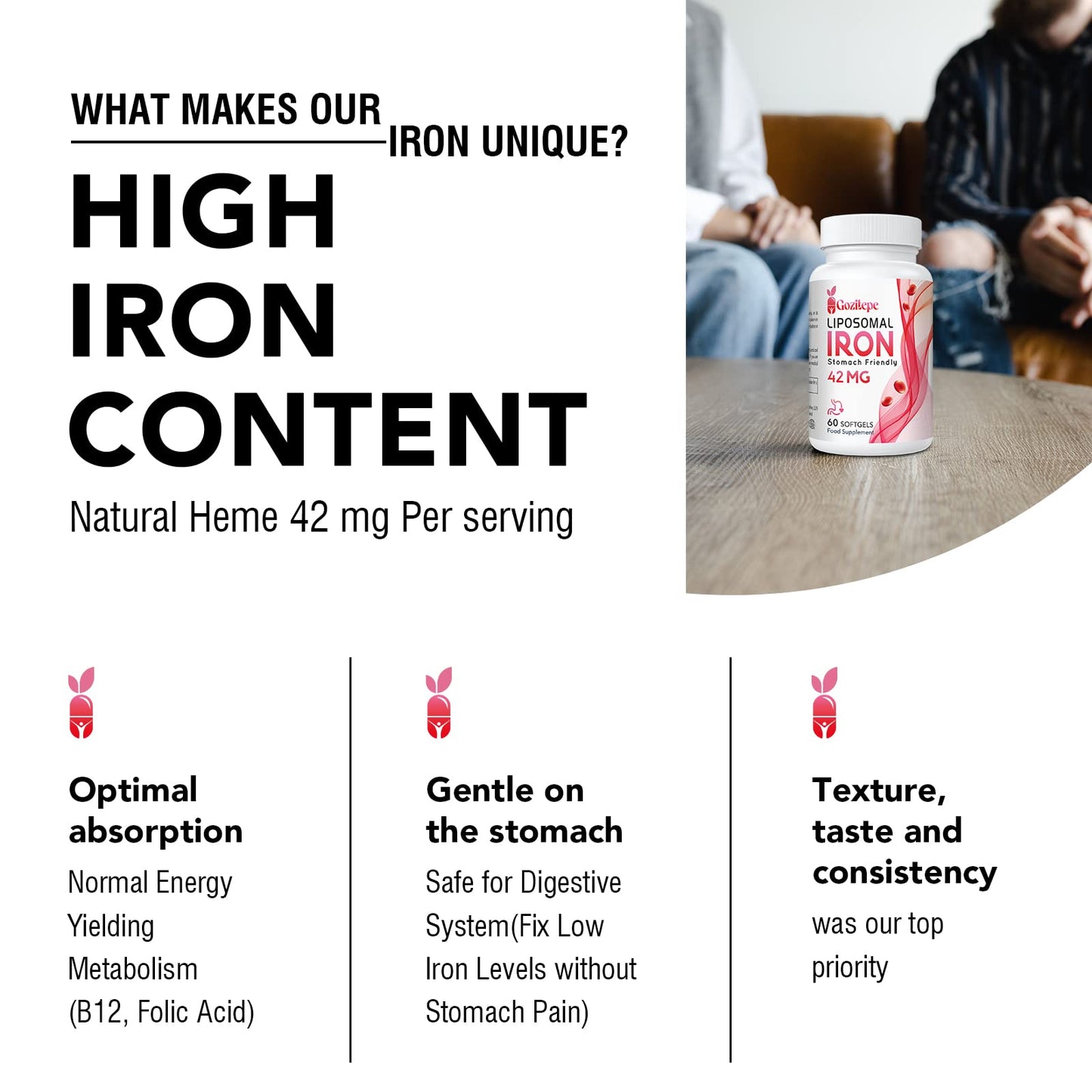 Liposomal Iron Supplement 42 mg (as Ferrous Sulfate) with Folic Acid and Vitamin B12, Increase Iron Levels for Adults, Superior Absorbed and Stomach Friendly (Pack of 1)