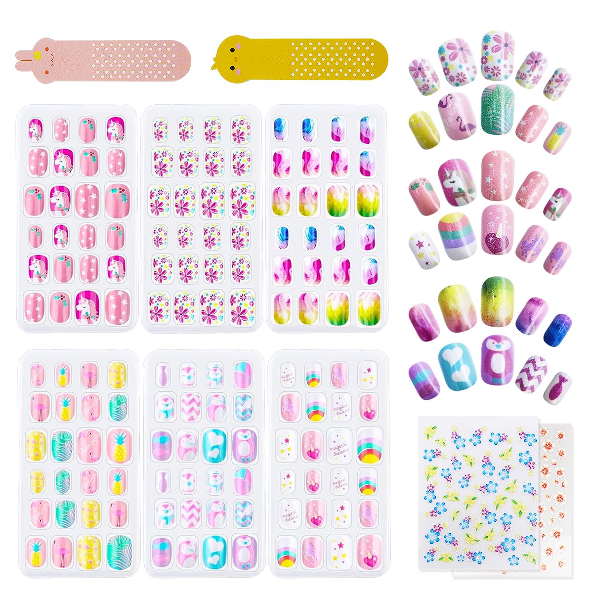 SeseBee 144Pcs Kids Press on Nails Children Girls Short Artificial Fake Nails No fading Stable Quick Stick on Cute Rainbow Unicorn Pre Glue Full Cover Acrylic Nail Tip Kit Gift Kids Nail Decoration (Unicorn)