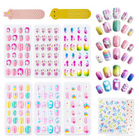 SeseBee 144Pcs Kids Press on Nails Children Girls Short Artificial Fake Nails No fading Stable Quick Stick on Cute Rainbow Unicorn Pre Glue Full Cover Acrylic Nail Tip Kit Gift Kids Nail Decoration (Unicorn)