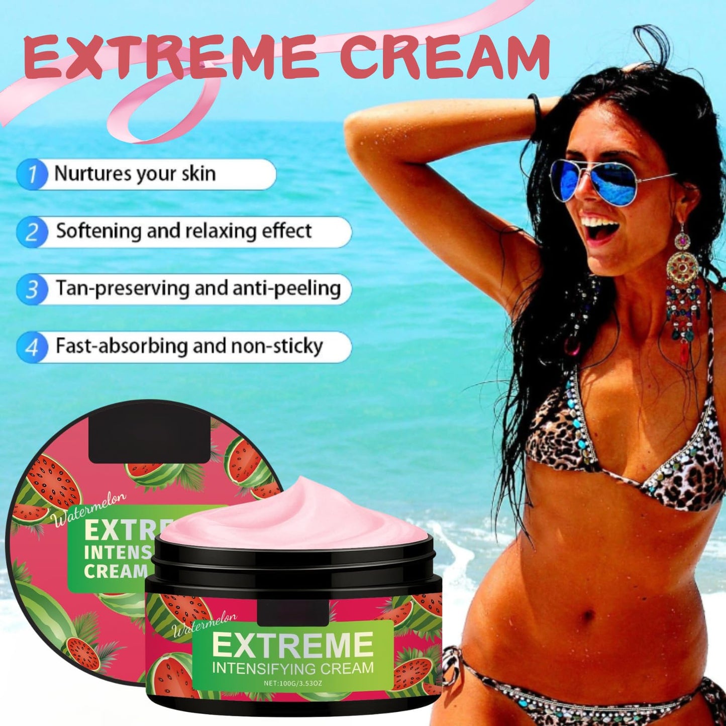 Watermelon Tanning Cream-For Sunbed Use & Outdoor Sun Tanning Accelerator-Nourishing Body with Natural Formula-Extreme Intensifying Tanning Gel, Long-Lasting Hydrating 100g