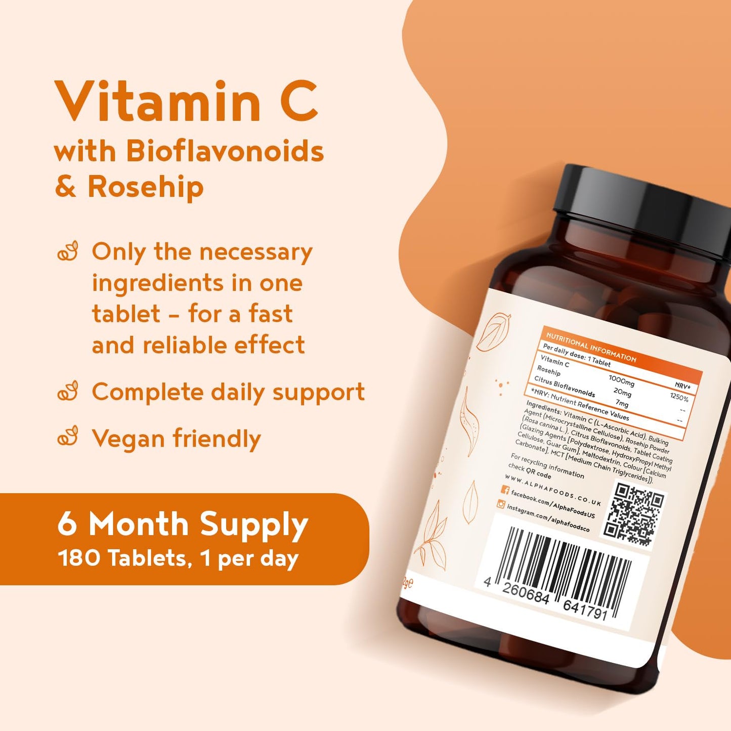 Vitamin C 1000mg | 180 Vegan VIT C Tablets [6 Month Supply] | High Strength Ascorbic Acid | with Added Bioflavonoids & Rosehip | for Normal Immune System | Alpha Foods