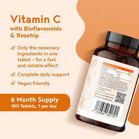 Vitamin C 1000mg | 180 Vegan VIT C Tablets [6 Month Supply] | High Strength Ascorbic Acid | with Added Bioflavonoids & Rosehip | for Normal Immune System | Alpha Foods