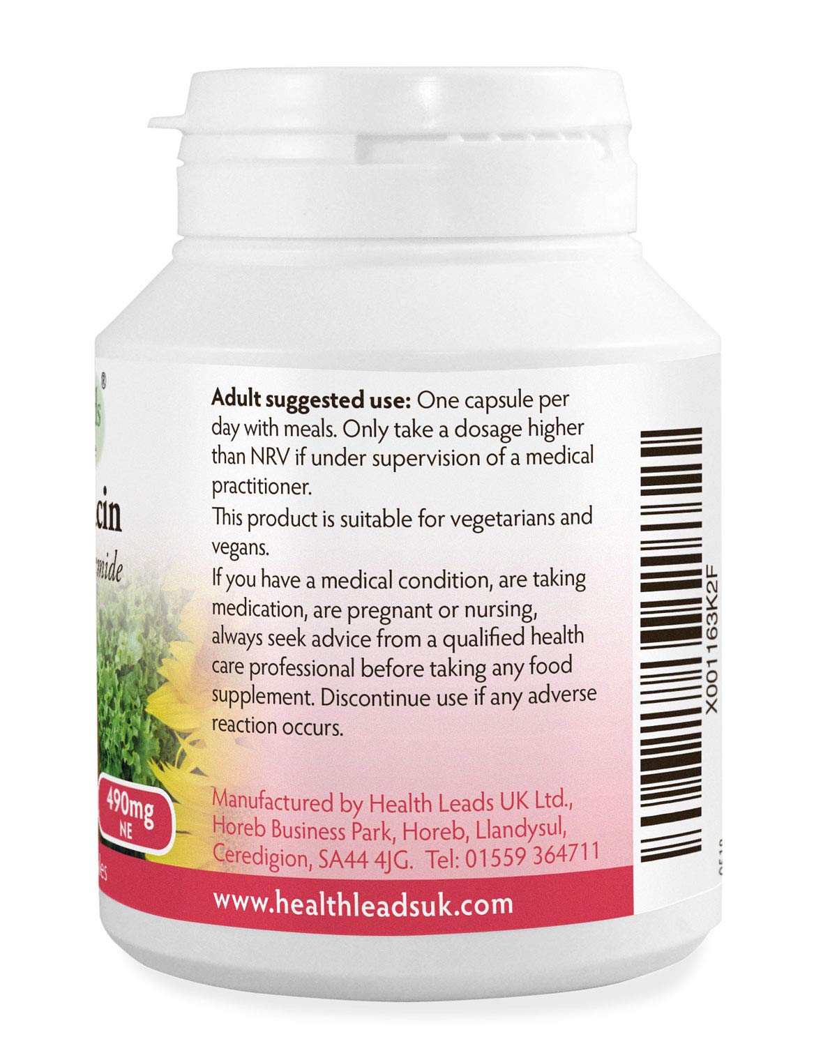 No-Flush Niacin 490mg x 90 Capsules, Nicotinamide/Niacinamide - Flush Free Form of Vitamin B3/Niacin,Magnesium Stearate Free & No Nasty Additives, Vegan, Made in Wales