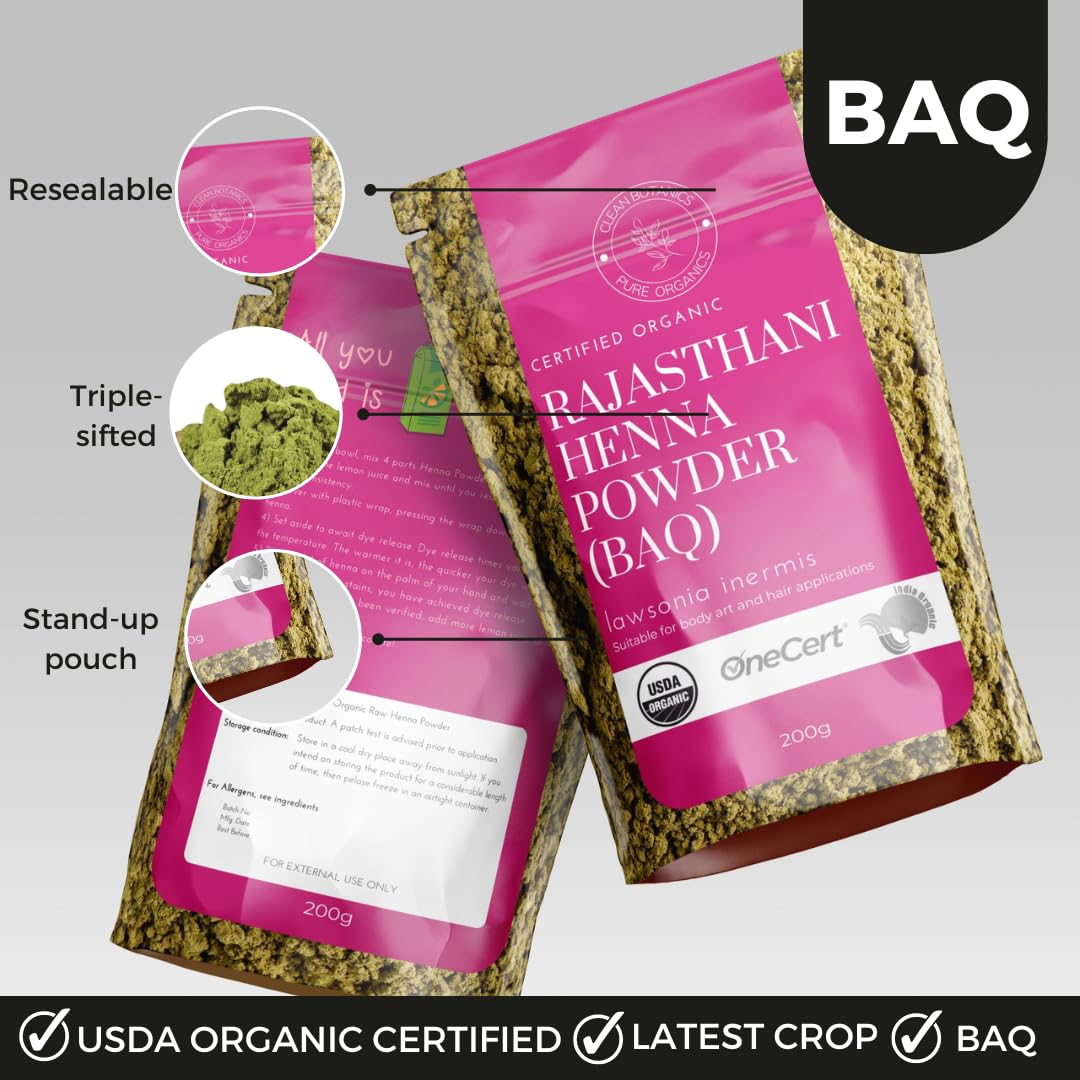 Clean Organics 200g Organic Certified Rajasthani Henna Powder 100% Pure Mendhi Natural Hair Colour Dye Triple Sifted BAQ