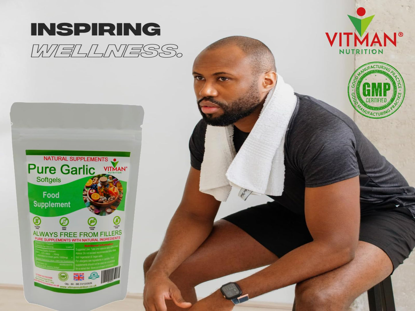 VitMan Nutrition Pure Garlic Softgels, High Strength 1000mg, Odourless, 60 Capsules, Gluten Free