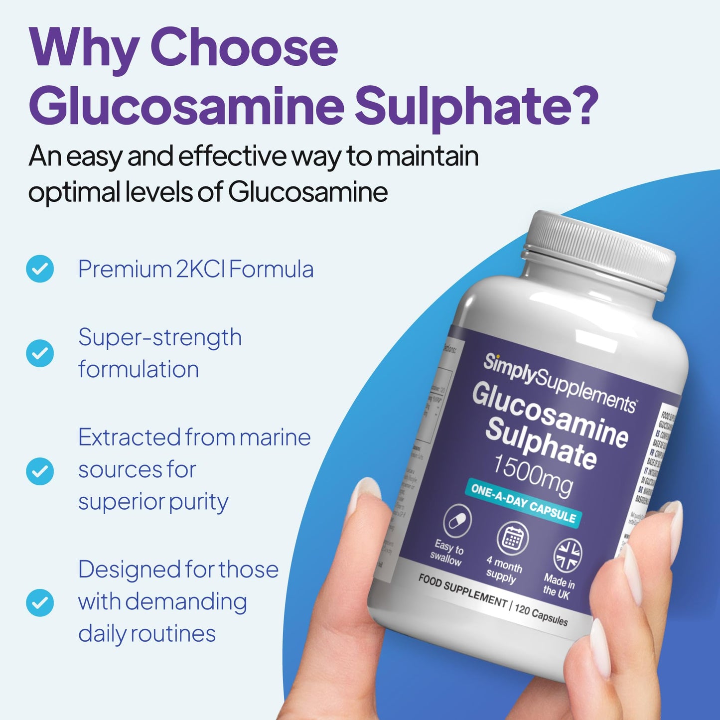 Simply Supplements Glucosamine Sulphate 1500mg | Supports Natural Glucosamine Levels | High-Strength 2KCl Formula | One-a-Day Convenience | 120 Capsules = 4 Months' Supply | GMP-Certified & UK-Made