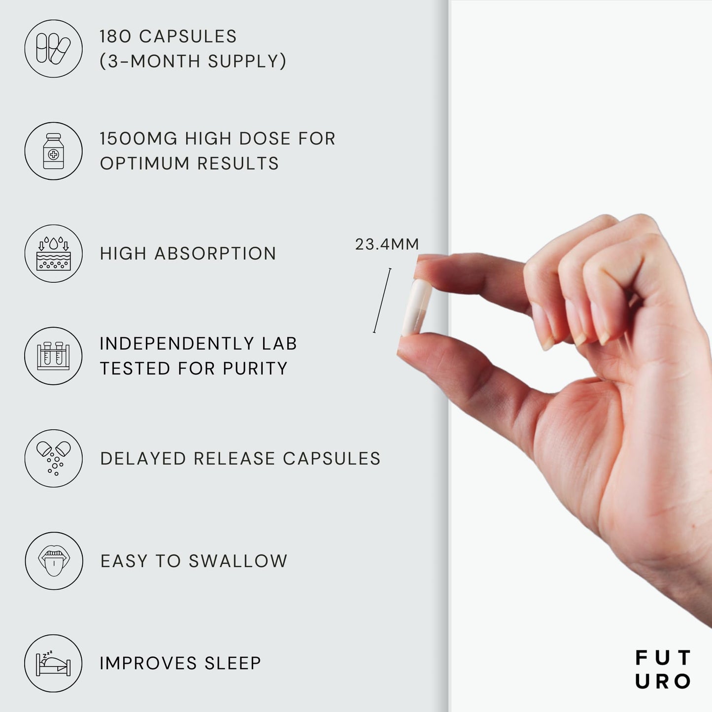 Magnesium Glycinate - 180 High Strength Capsules - 1500mg of Mag G Providing 300mg Elemental Magnesium Per Serving - Supplements Made in The UK - Futuro Labs