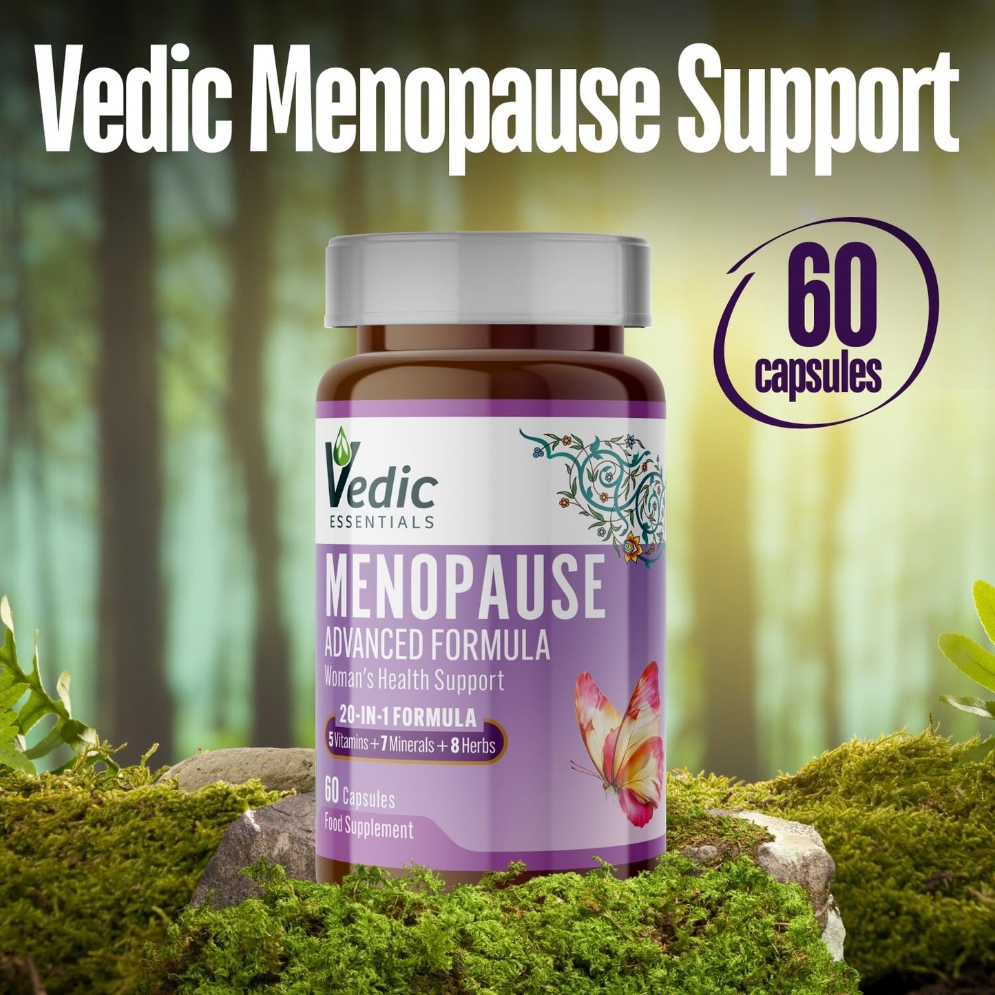 Vedic Essentials Vedic Menopause Supplement | 20 Vitamins, Minerals & Herbs Like Red Clover, Sage, Primrose, Flaxseed, Ginseng | Menopause Support -for Fatigue, Hot Flashes, Mood Swings | UK Made, Vegan, 60 Capsules