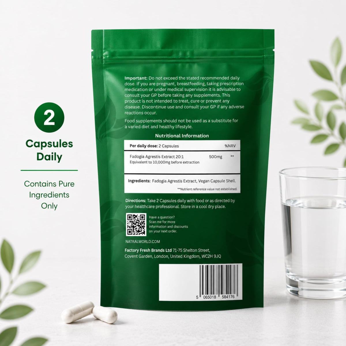 Natral Fadogia Agrestis 10,000mg Equivalent - 120 Vegan Capsules | High Potency Natural Performance & Sports Supplement | Muscle Building & Recovery Support