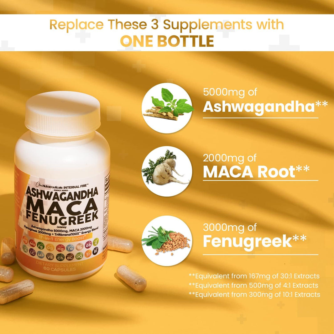 Clean Nutraceuticals Ashwagandha 5000mg Maca Root 2000mg Fenugreek 3000mg Supplement with Tongkat Ali Ginseng - Assists Stress, Mood & Thyroid Health Capsules Pills Caps USA 60 Count