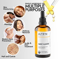 Alteya Organics Alteya Organic Sweet Almond Oil 100ml - 100% USDA Certified Organic Pure Natural Cold Pressed Sweet Almond Carrier Oil - Premium Therapeutic Grade Skin Treatment