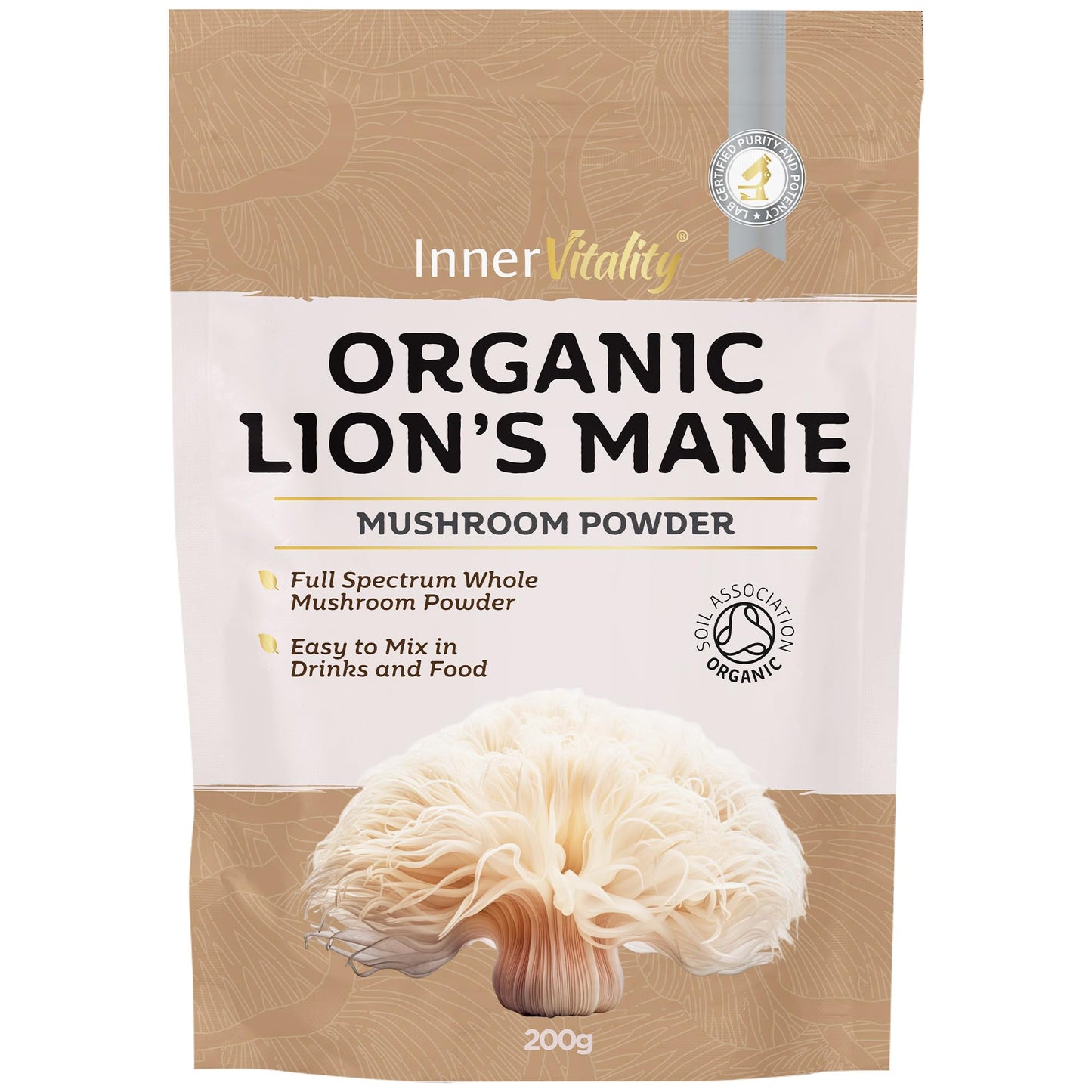 Organic Lions Mane Mushroom Powder 200g - High Strength Full Spectrum Fruiting Body Mushroom Supplement to Support Brain & Mental Performance by Inner Vitality (Large)