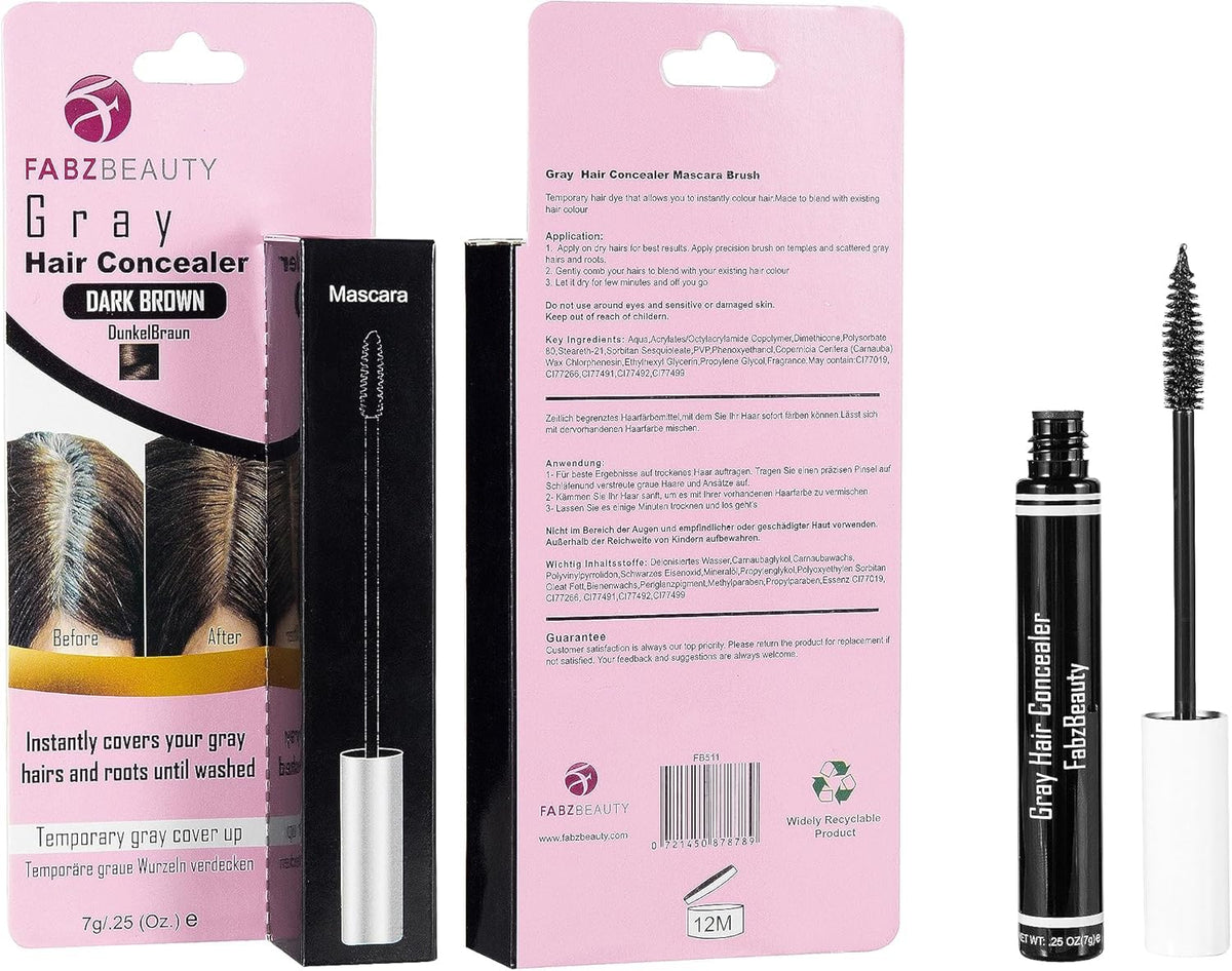 Fabz Beauty Gray Hair Cover-up Mascara Touch Up for Men & Women Instantly Cover Your Grey Roots and Hair with Concealer Brush (Dark Brown - 3 Pack)