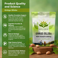 Ginkgo Biloba High Strength Capsules | 6000mg Highly Dosed | 50:1 Extract - 180 Capsules | Ginkgo Biloba 6000mg | Suitable for Vegans - Manufactured in the UK by Hellenia