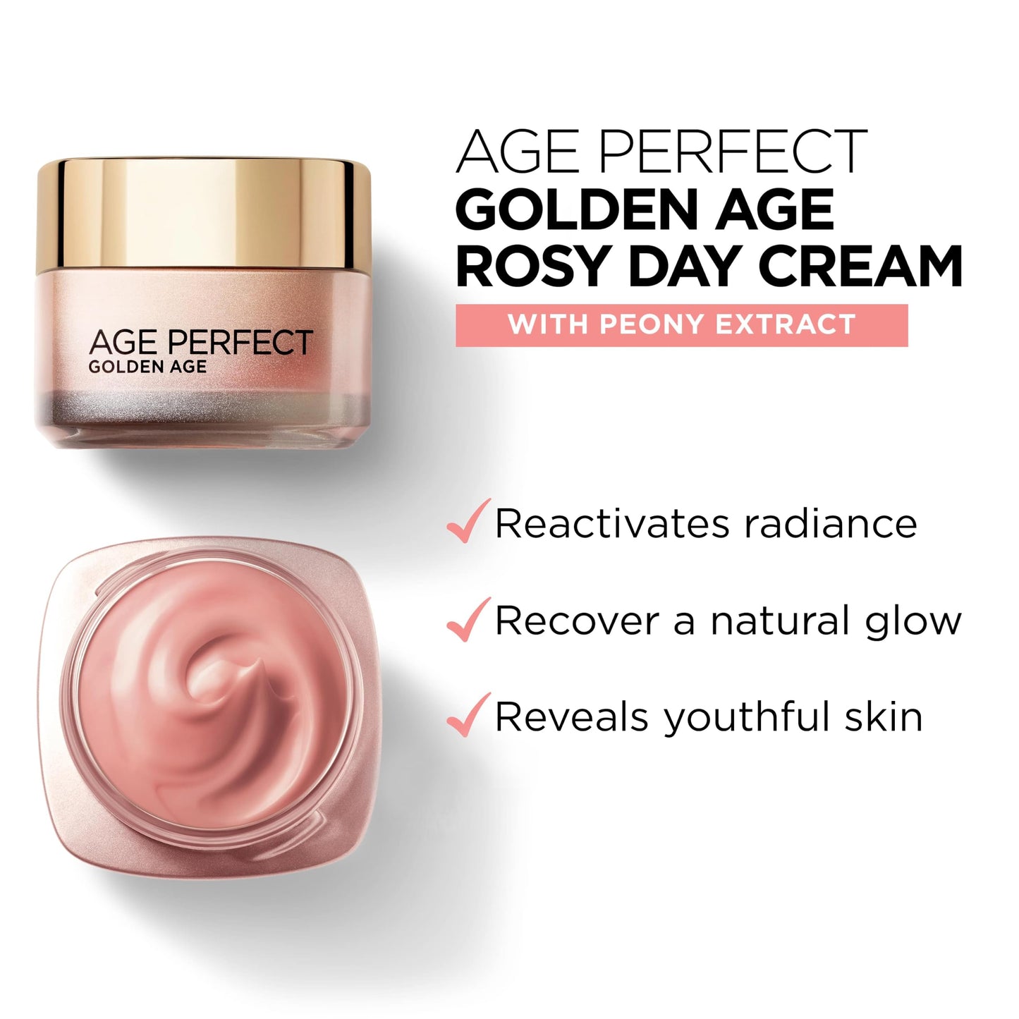 L'Oreal Paris L’Oréal Paris Age Perfect Golden Age Rosy Day Cream, for 50+, Deeply Moisturising, Reactivates Radiance with Instant Glow, Formulated with Peony Native Cells + Calcium B3, 50ml