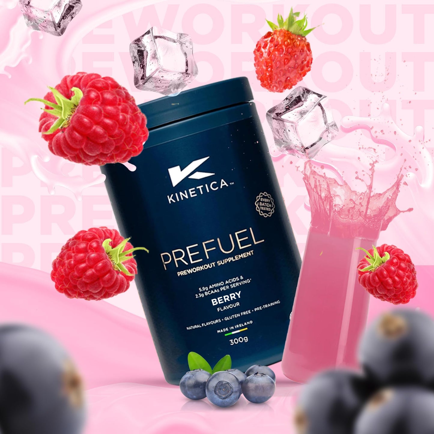 Kinetica Sports Prefuel Pre Workout -Berry Flavour | 5.8g Amino Acids Blend, 2.25g BCAA's & 94mg Caffeine/Serve, 30 Servings/300g| With Essential Vitamins, Minerals|Supports Performance & Energy Boost