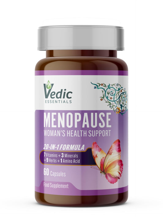 Vedic Essentials Vedic Menopause Supplement | 20 Vitamins, Minerals & Herbs Like Red Clover, Sage, Primrose, Flaxseed, Ginseng | Menopause Support -for Fatigue, Hot Flashes, Mood Swings | UK Made, Vegan, 60 Capsules