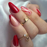 Ceboic Almond False Nails Medium, 24Pcs French Tip Press on Nails Red Ripple Gel Fake Nails 12 Sizes, Natural Glue on Nails Full Cover Acrylic Oval Stick on Nails for Women and Girls