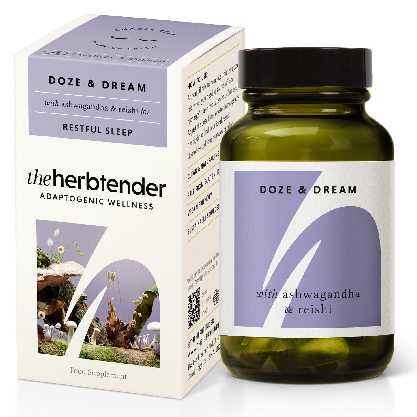 The Herbtender Doze & Dream - Natural Sleep Support, Reishi, Ashwagandha, Chamomile Blend, Get Better Sleep, Vegan, Organic Ingredients, 60 Capsules