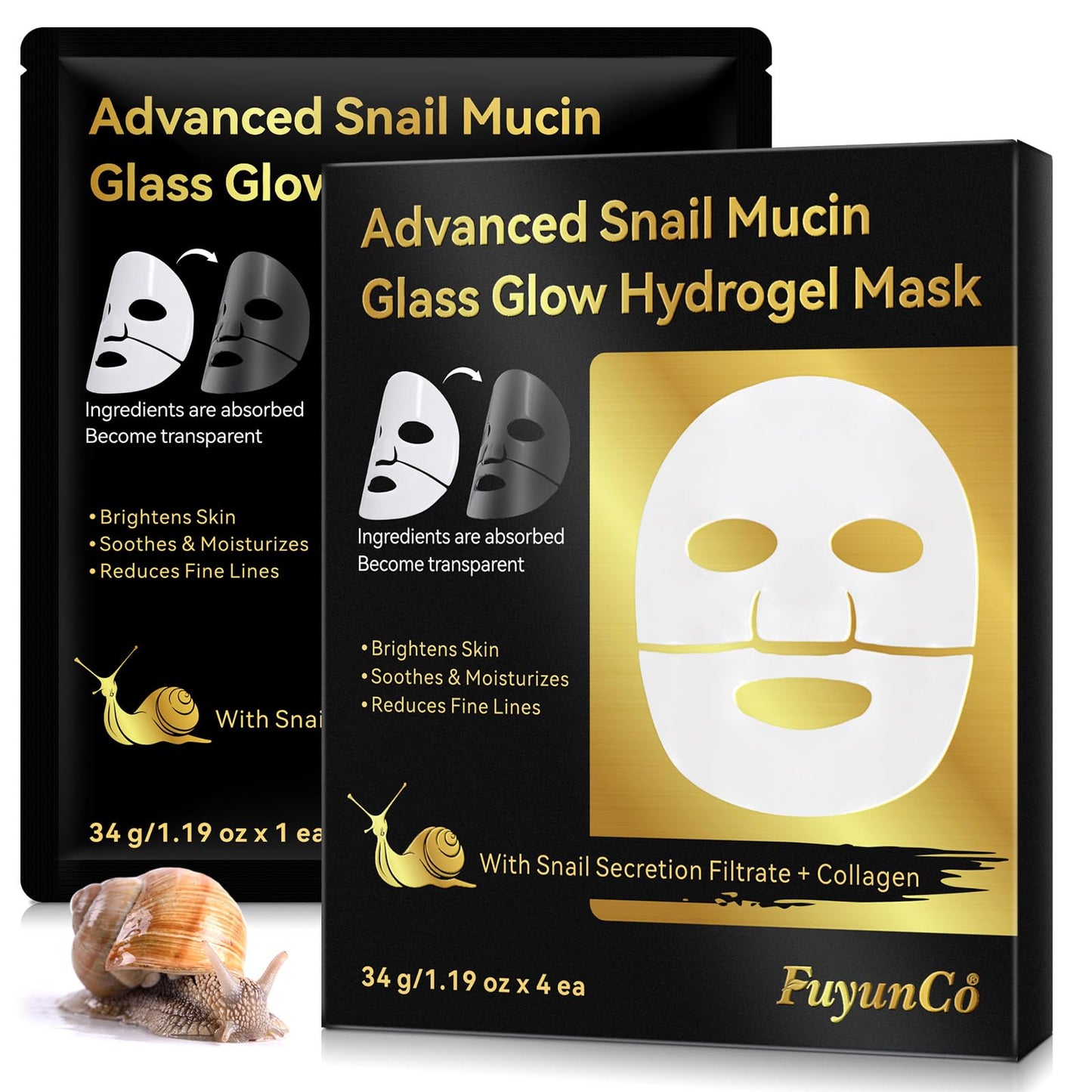Feeliville Snail Mucin Mask 4 Pack, Glass Skin Collagen Mask, Collagen Face Mask, Advanced Snail Mucin Glass Glow Hydrogel Face Masks Skincare, Moisturizing Hydrating Anti-aging Face Masks