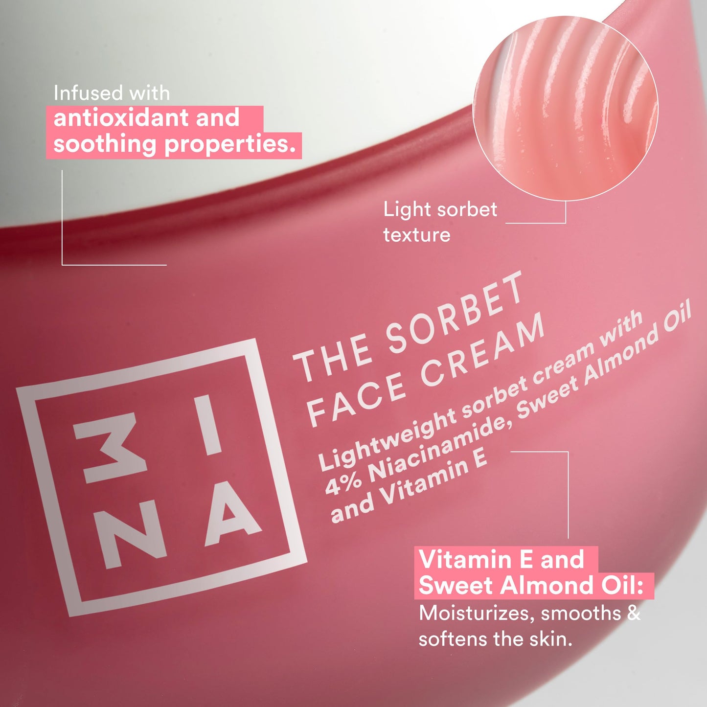 3INA MAKEUP - The Sorbet Face Cream - Moisturising Cream with Niacinamide - Face Cream Smoothing with Olive Oil & Sweet Almond Oil - Day and Night Face Cream for All Skin Types - Vegan - Cruelty Free